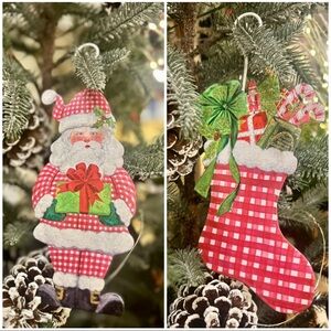 Festive Red Checkered Christmas Stocking Ornament and Santa Set of 2